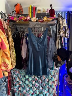 Princess Polly Teal Satin Slip Dress with Lace Hem